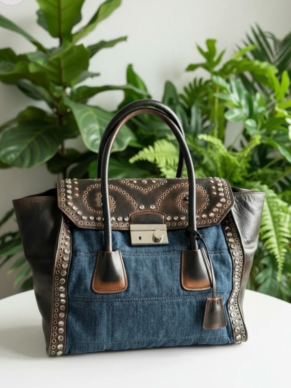 Prada Denim Satchel with Brown Leather Trim and Studs